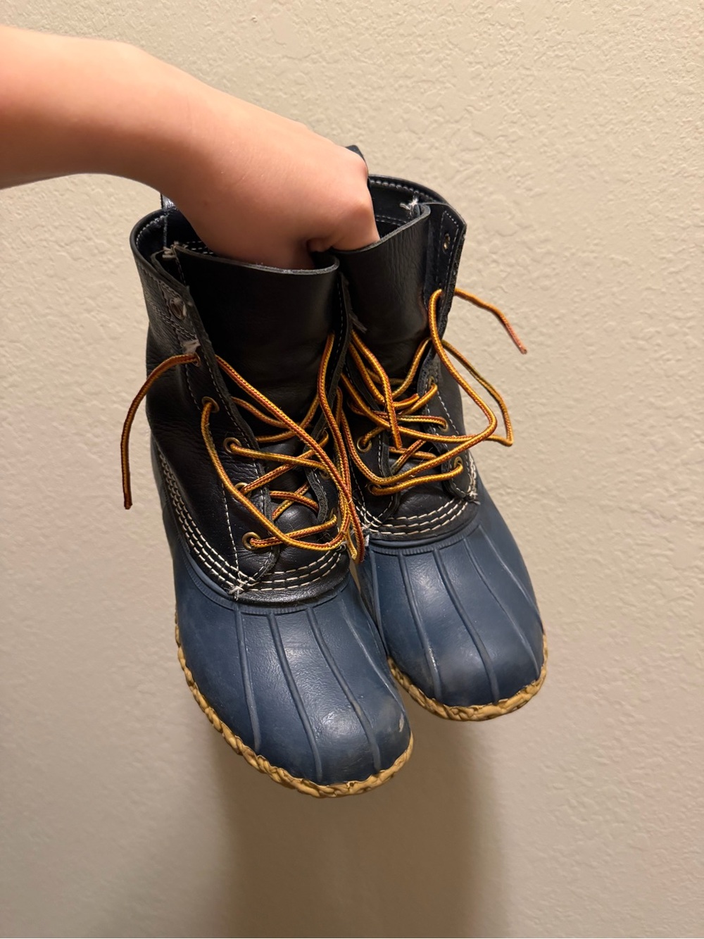 L.L. Bean navy blue and black leather duck boots with tan laces - Picture 2 of 3